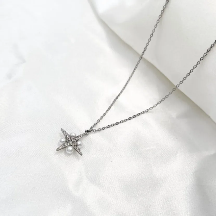 Croce Stella con Perla-Collana Corta in Acciaio - CAC-103-AA192N