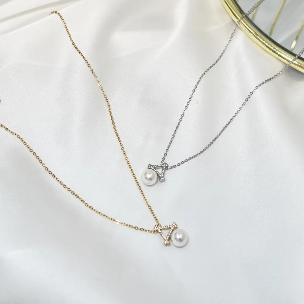 Triangolo con Perla-Collana Corta in Acciaio - CAC-103-AA4163N