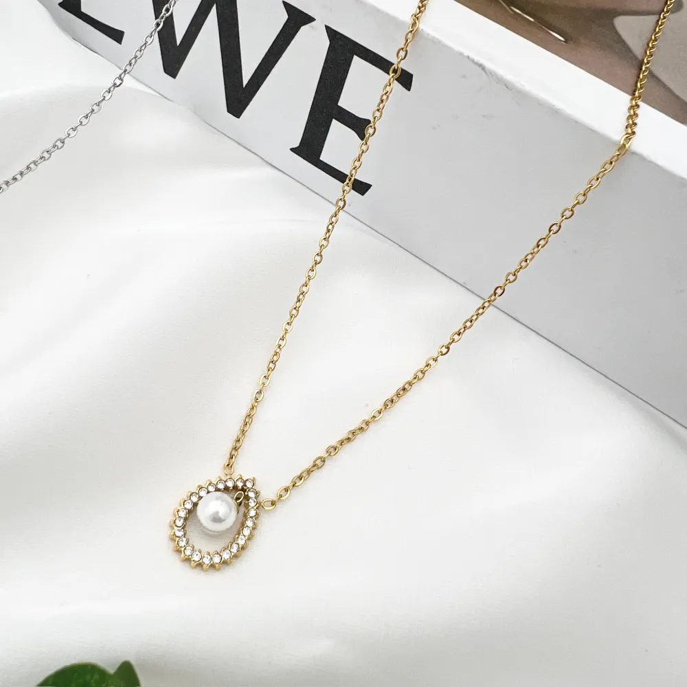 Goccia con Perla -Collana Girocollo in Acciaio - CAC-103-AA4166N