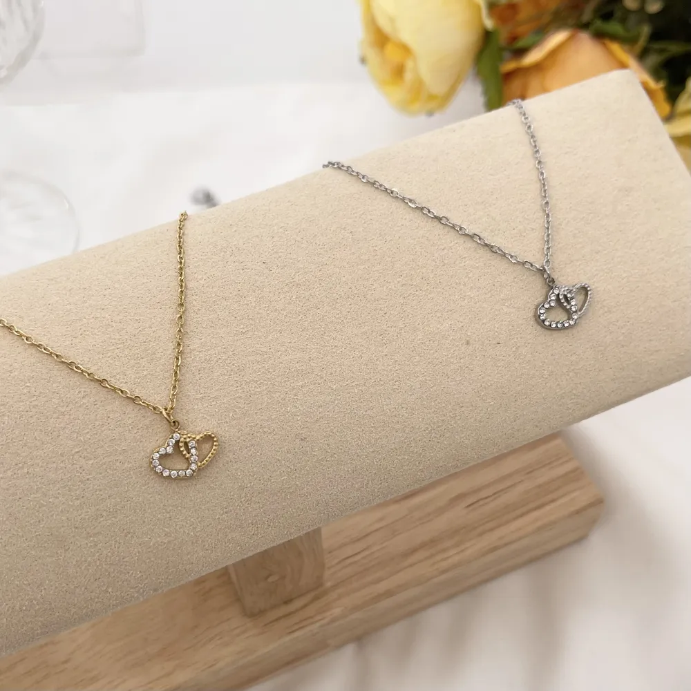 Doppio Cuore con Zirconia-Collana Corta in Acciaio - CAC-103-AA580N