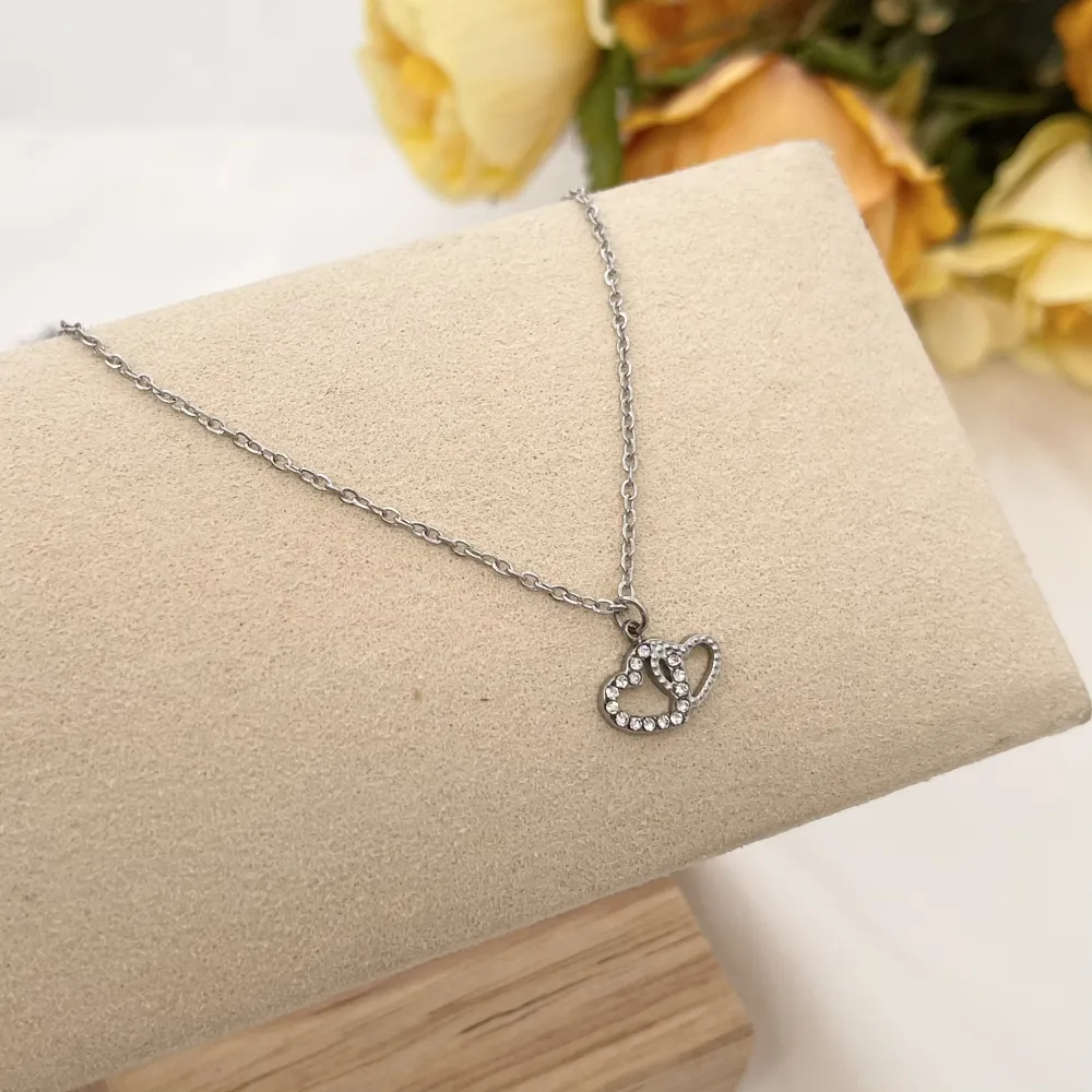Doppio Cuore con Zirconia-Collana Corta in Acciaio - CAC-103-AA580N