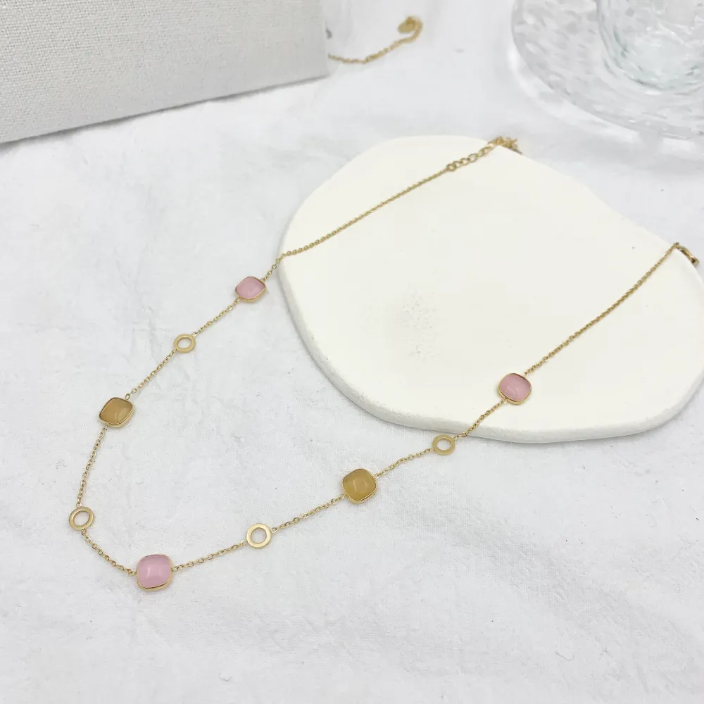 Pietra Luna Quadrata-Collana Corta in Acciaio - CAC-103-AA633N