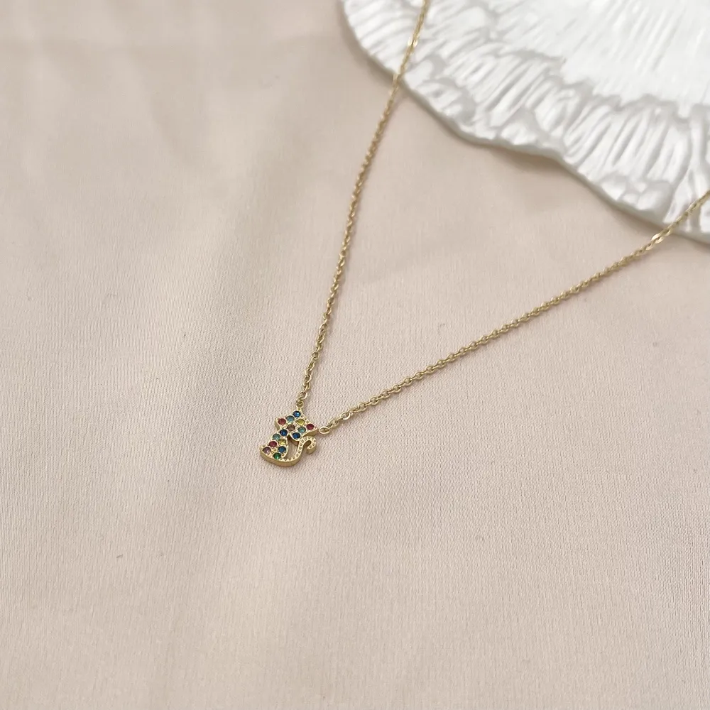 Gatto con Zirconia-Collana Corta in Acciaio - CAC-103-AA763N