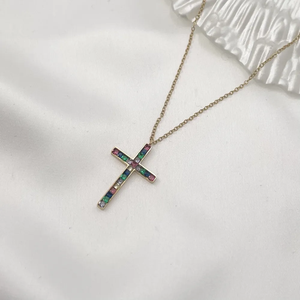 Croce con Zirconia-Collana Corta in Acciaio - CAC-103-AA945N