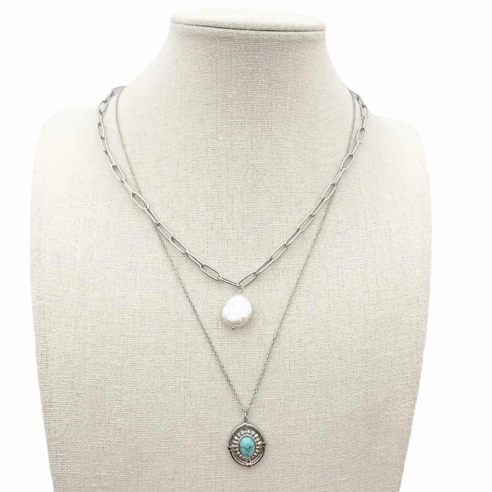 CAC-Perla e Ovale - Collana Corta doppio filo in Acciaio - CAC-104-139