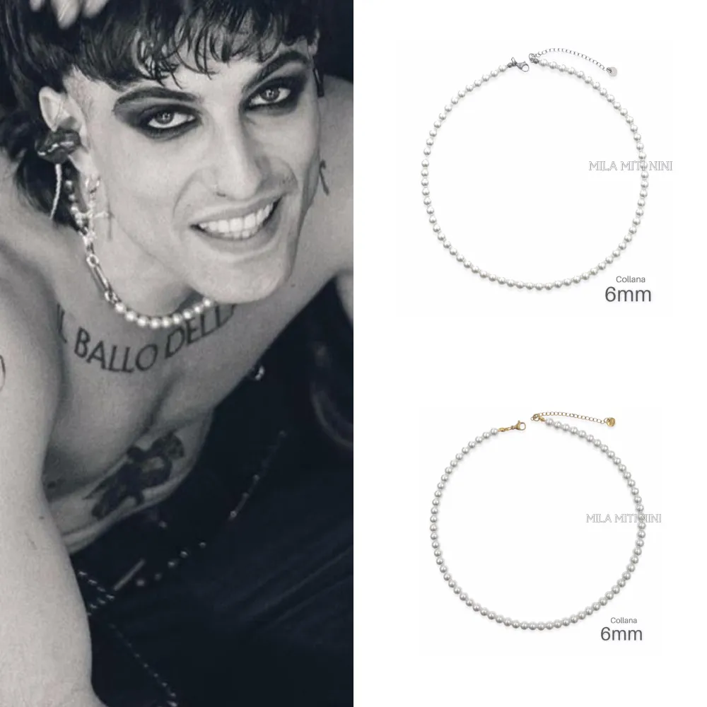 CAC176-437-Perla 6mm -Collana Corta in Acciaio - CAC176-437-Perla 6mm -Collana Corta in Acciaio