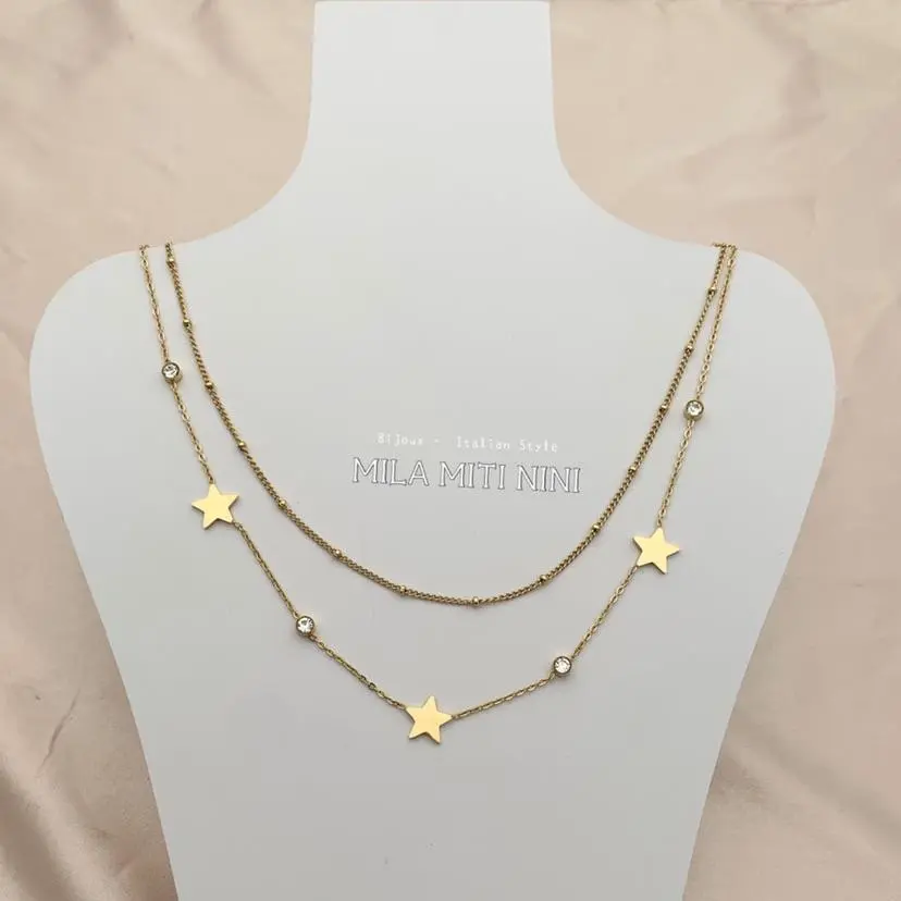 CAC413-1523-Doppio Stella P.luce -Collana Corta in Acciaio - CAC413-1523-Doppio Stella P.luce -Collana Corta in Acciaio