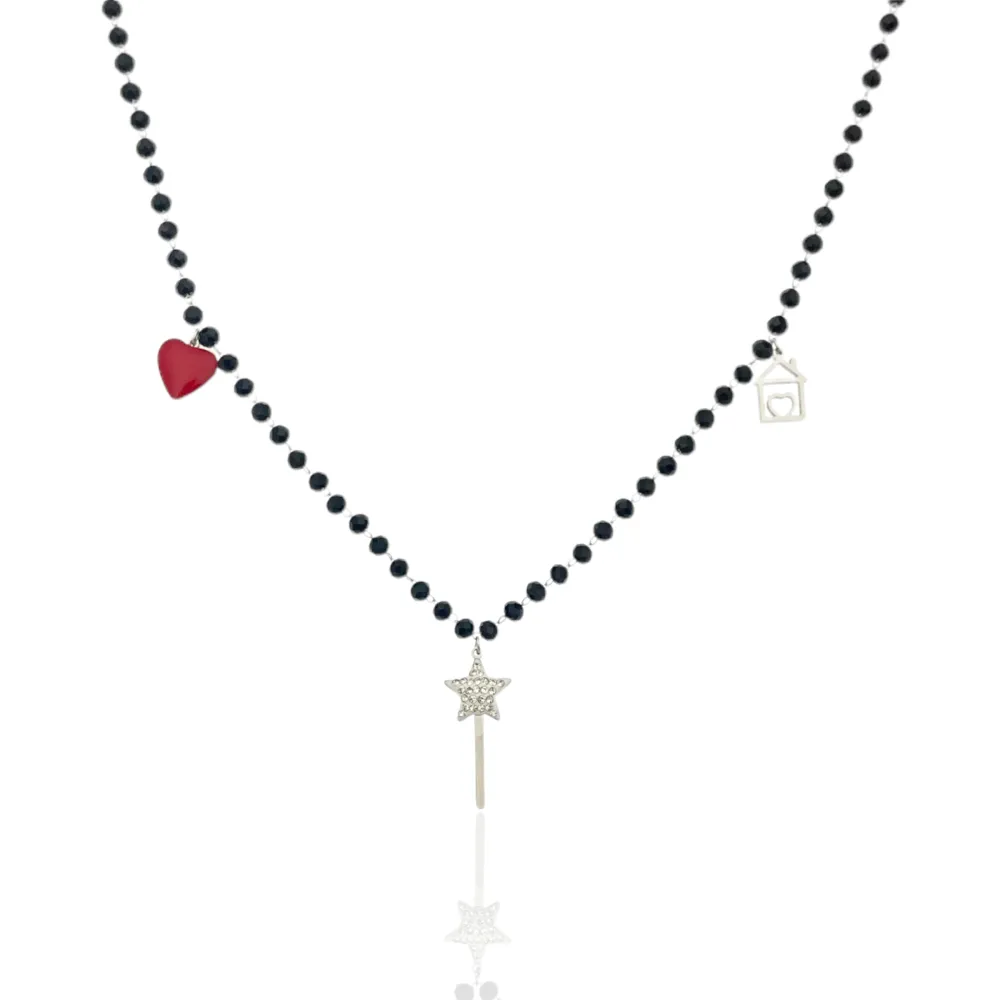 Cristalli Neri con Bachetta Magica -Collana Corta in Acciaio - CAC-413-1570