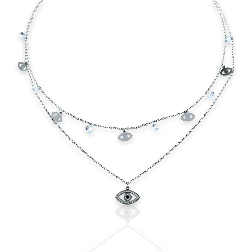 Doppio Zirconia occhio -Collana Corta in Acciaio - CAC-413-1712