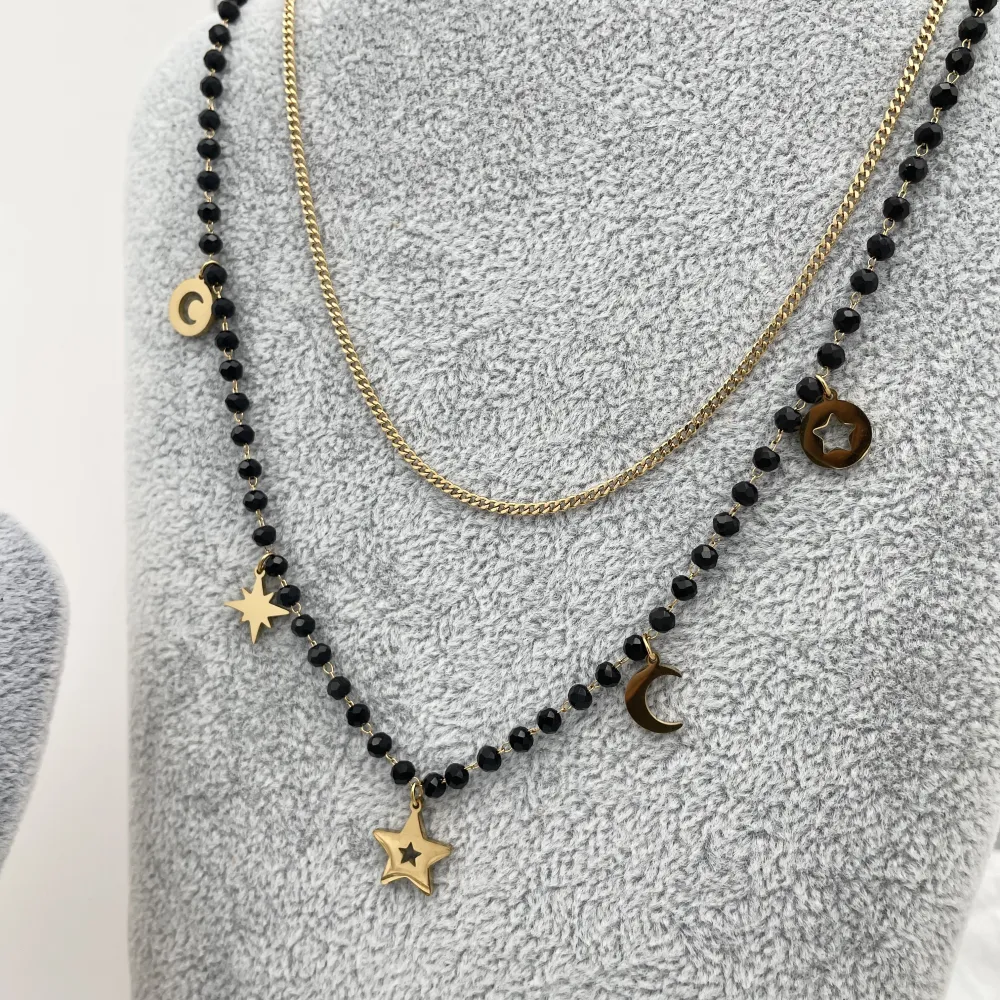 Cristalli Neri Stella Luna  -Collana Corta in Acciaio - CAC-413-1832