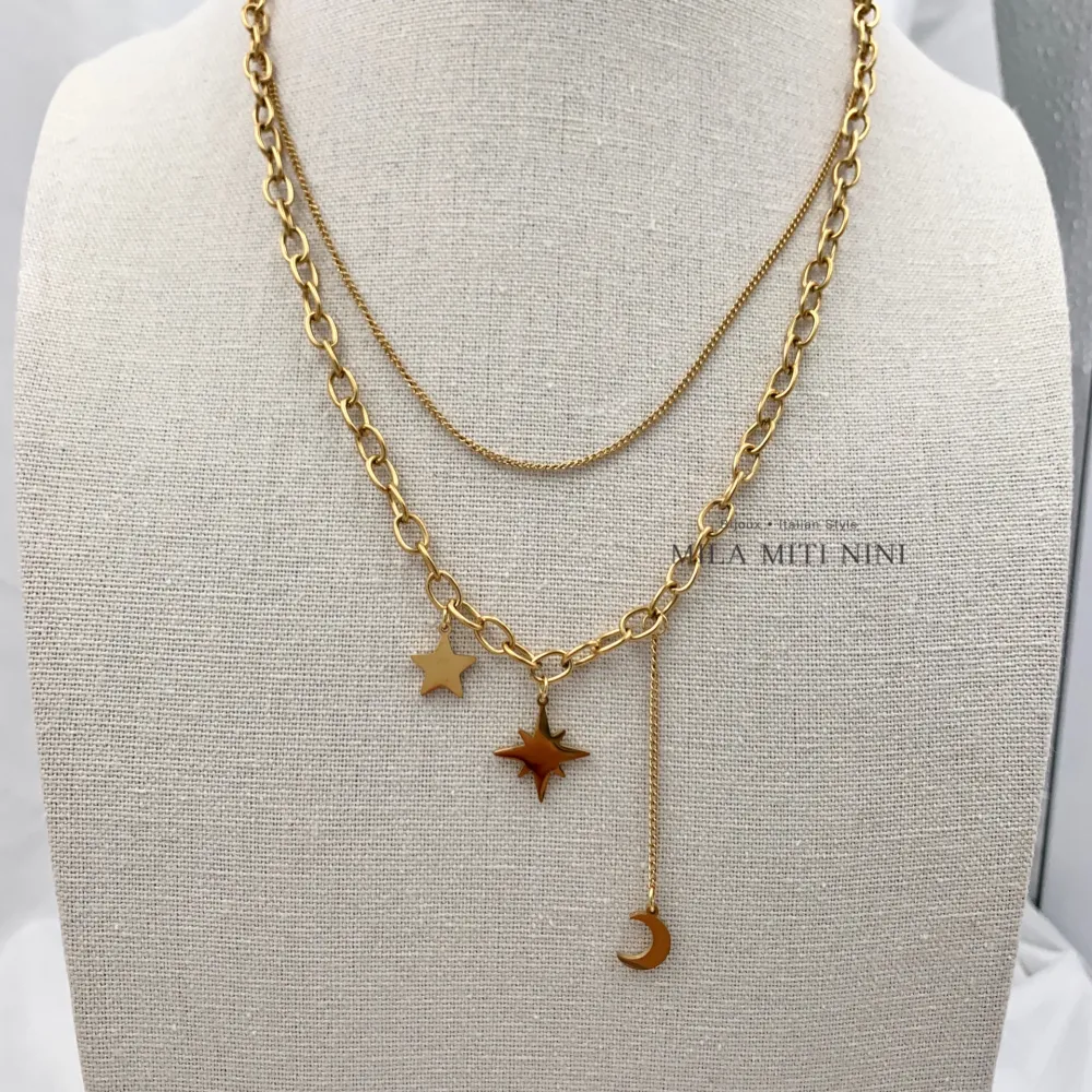 Doppio Stella Luna -Collana Corta in Acciaio - CAC-413-1842