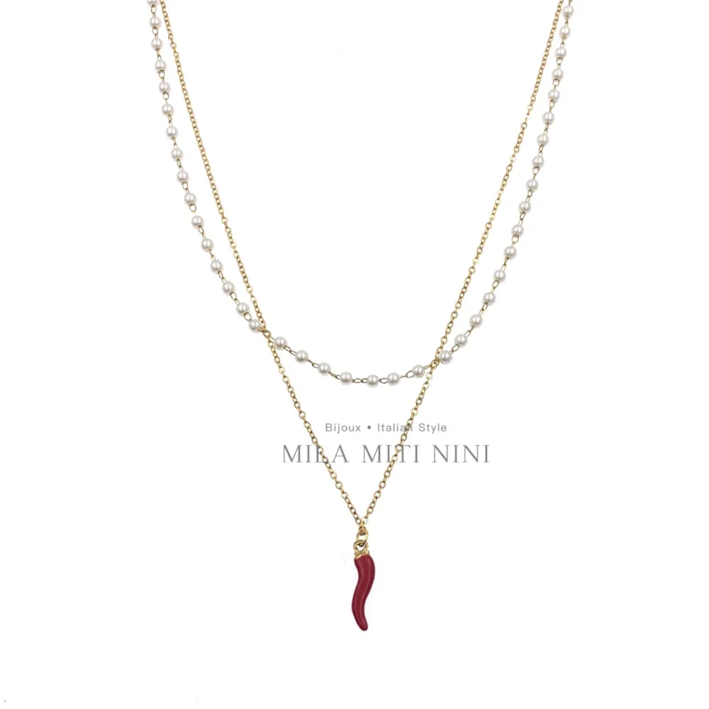 Doppio con Perla e Cornino-Collana Corta in Acciaio - CAC413-2043