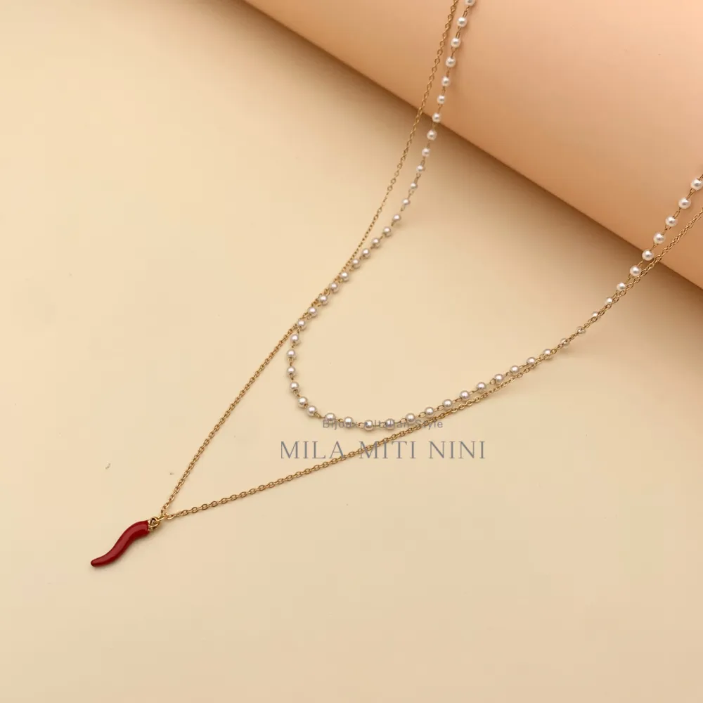 Doppio con Perla e Cornino-Collana Corta in Acciaio - CAC413-2043