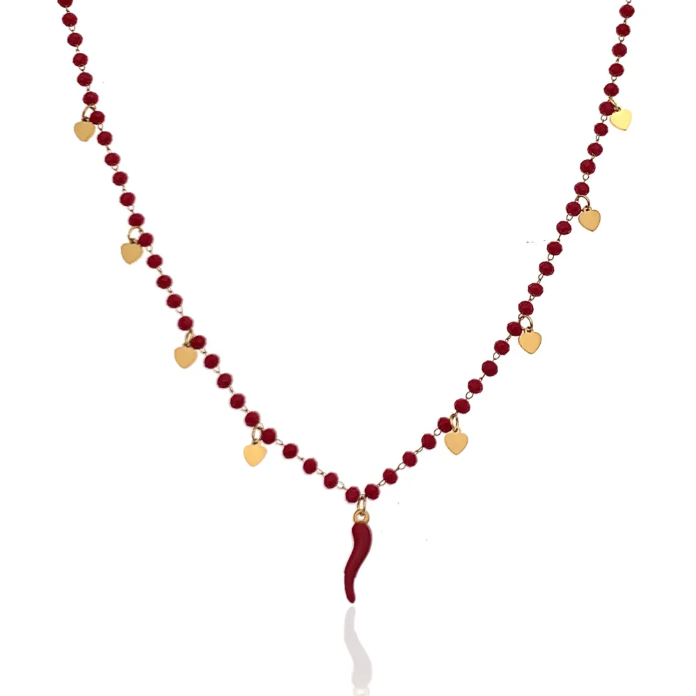 Cristalli Rossi con Cornino e Cuore -Collana Corta in Acciaio - CAC-413-2108