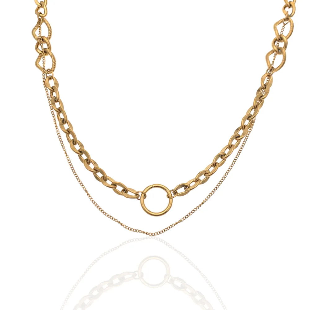 Doppio Catena con Cerchio-Collana Corta in Acciaio - CAC-413-2182