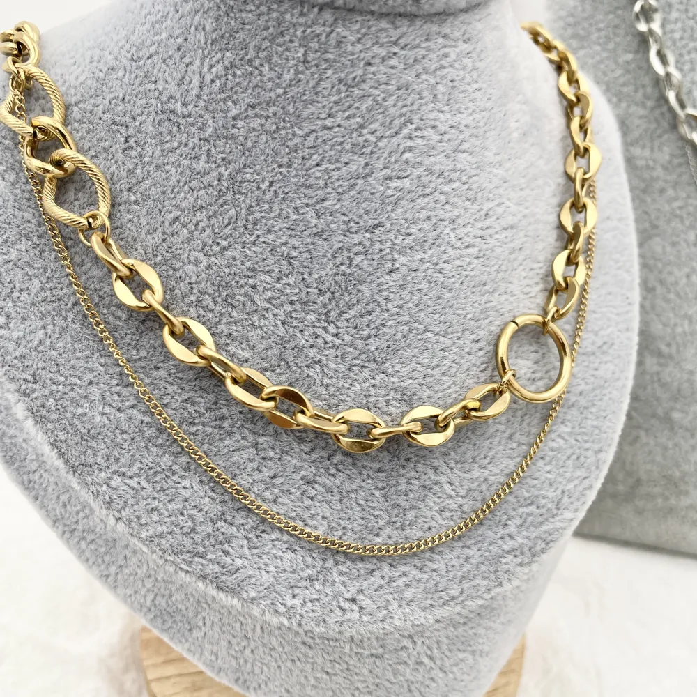 Doppio Catena con Cerchio-Collana Corta in Acciaio - CAC-413-2182