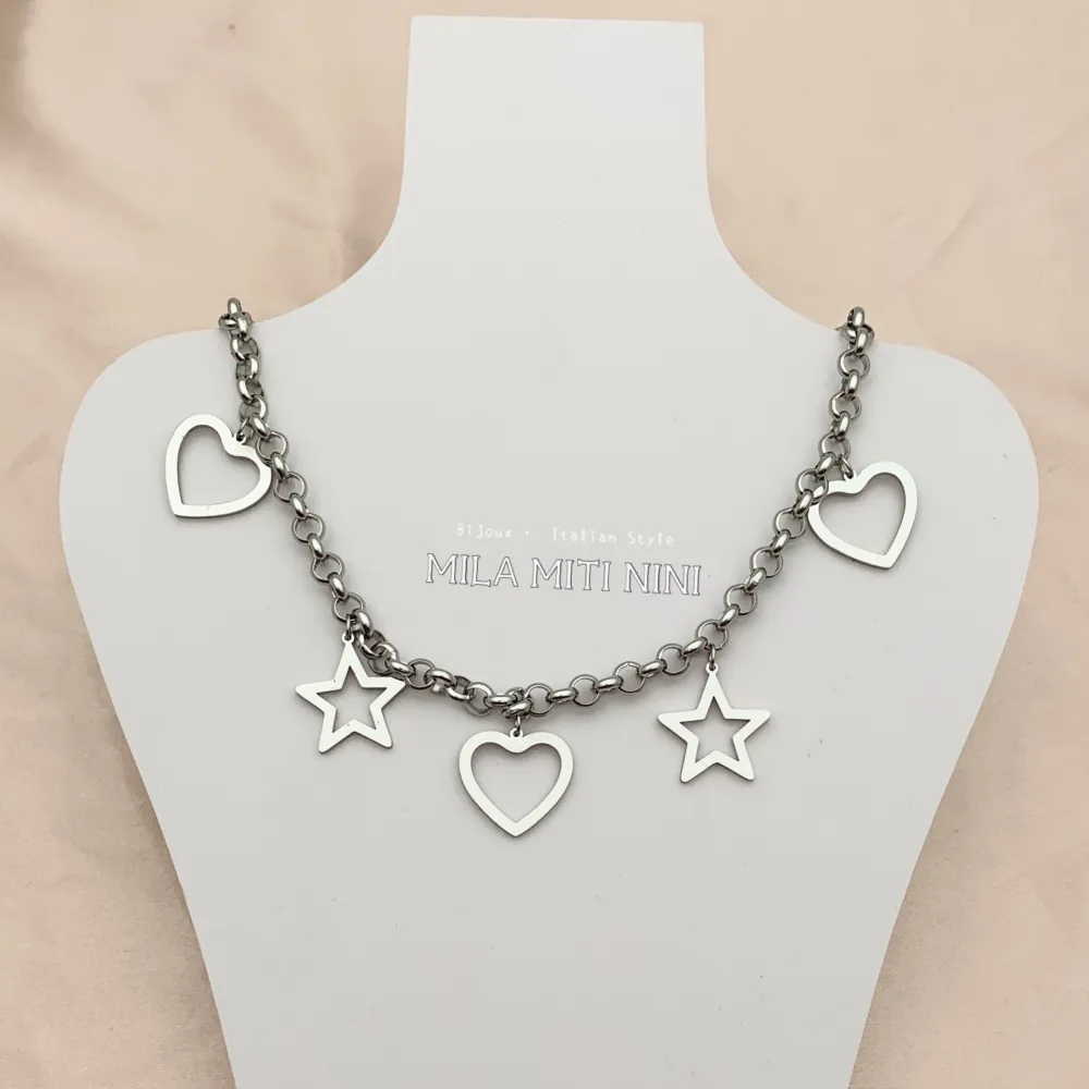 CAC413-2399-Catena Cuore Stella -Collana Corta in Acciaio - CAC413-2399-Catena Cuore Stella -Collana Corta in Acciaio