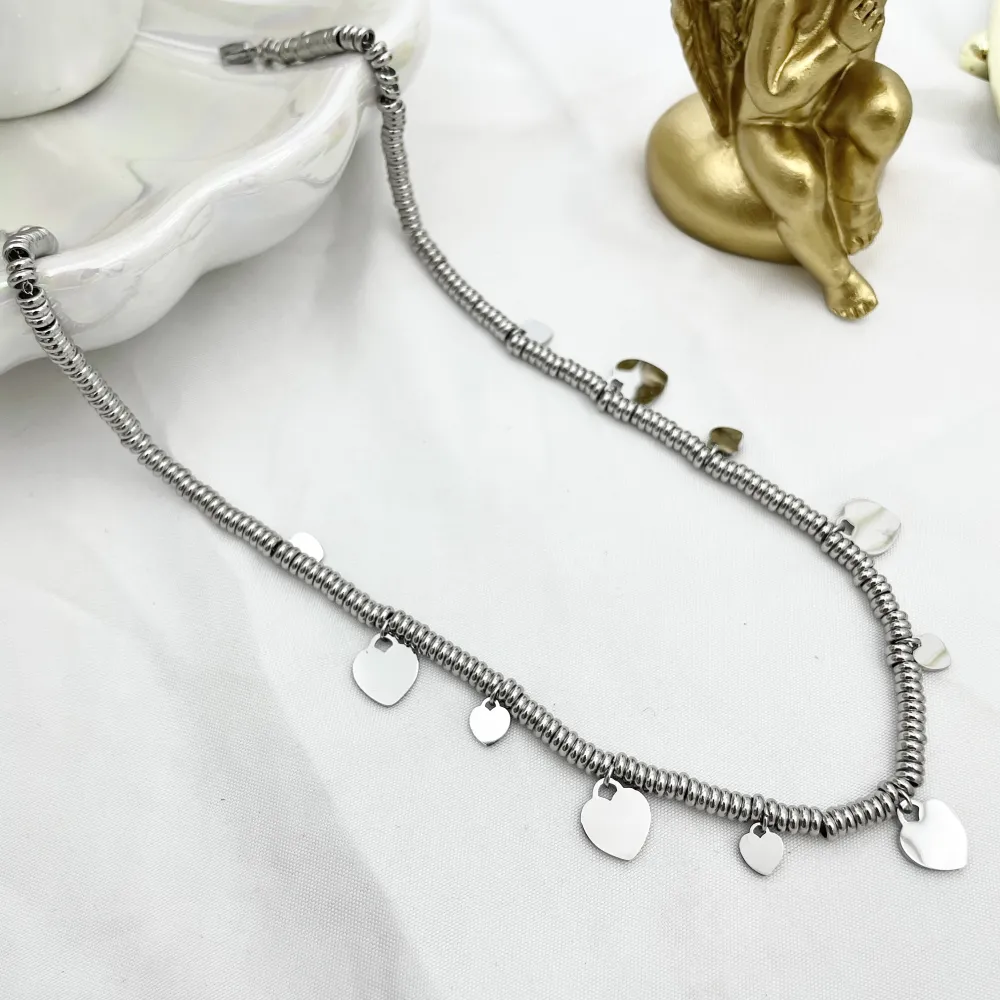 Catena Anellini con Cuore-Collana Corta in Acciaio - CAC-413-2551