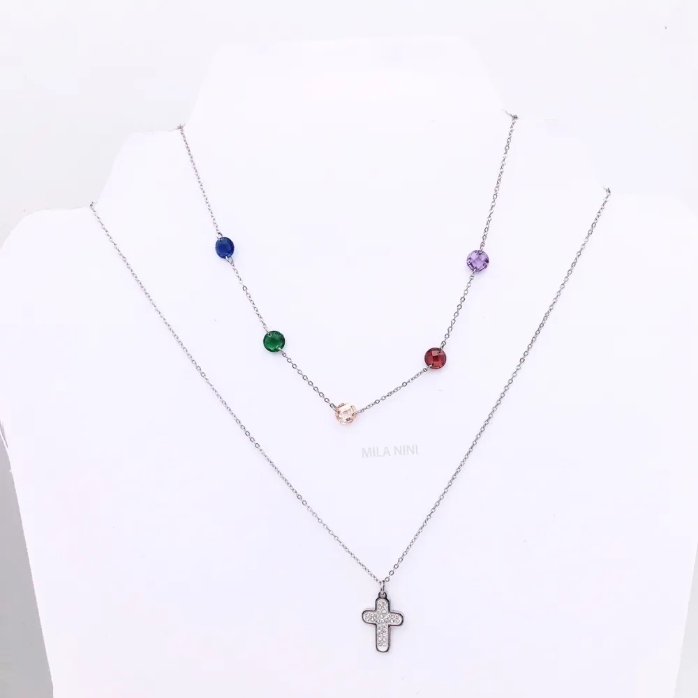 Collana moda multifilo  acciaio e cristallo - CAC5038-Croce e zirconia- Collana Corta Multifilo in Acciaio