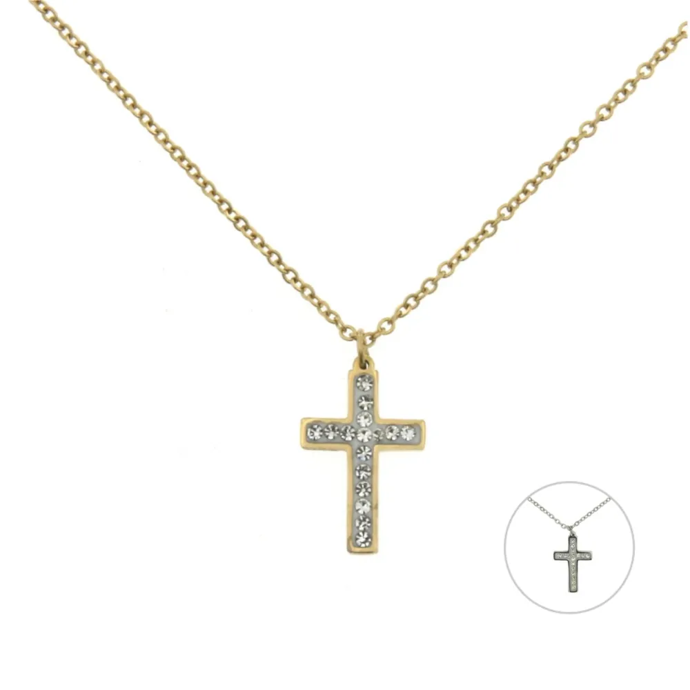 Croce 3 - Girocollo in Acciaio con Strass - CAC6369-Croce - Girocollo in Acciaio con Strass