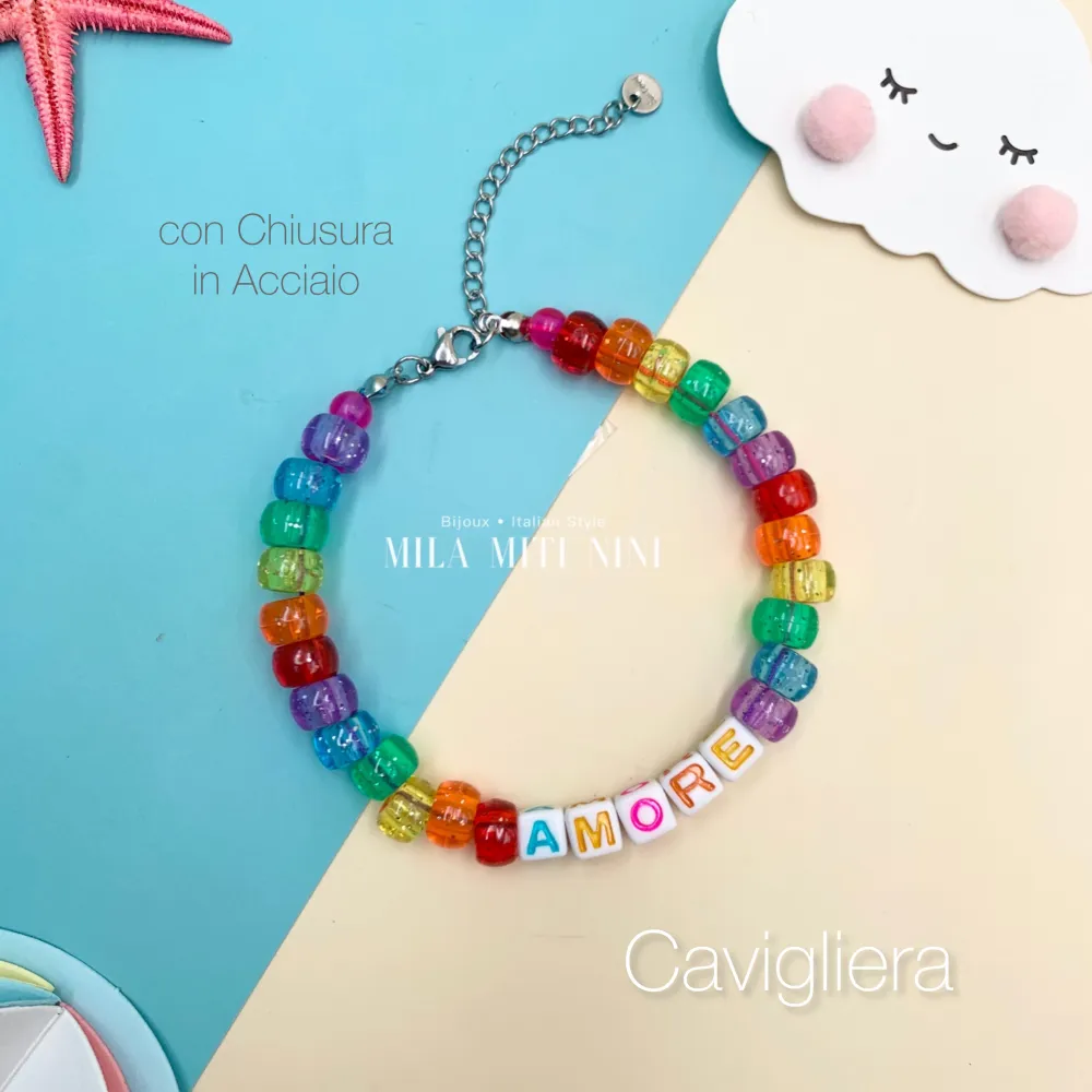 KAV176-425- Perline Colorate AMORE- Cavigliera in Acciaio - KAV-176-425