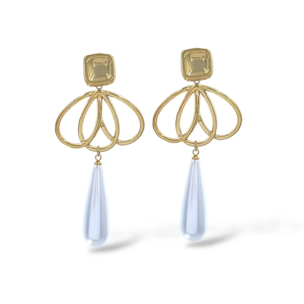 Fiore con Perla Goccia -Orecchini in Acciaio - OAP-413-834