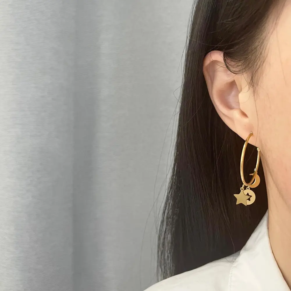 OAP6818-Stella- Orecchini a Cerchio con Pendenti in Acciaio - OAP6818-Stella- Orecchini a Cerchio con Pendenti in Acciaio