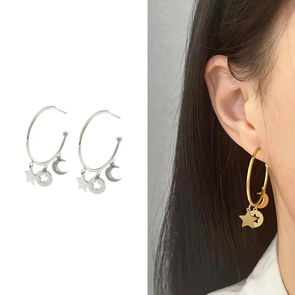 OAP6818-Stella- Orecchini a Cerchio con Pendenti in Acciaio - OAP6818-Stella- Orecchini a Cerchio con Pendenti in Acciaio