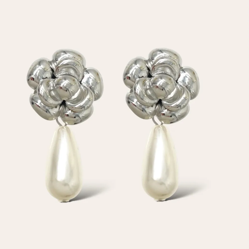 Fiore Rosa con Perla -Orecchini in Acciaio - OAP-732-360