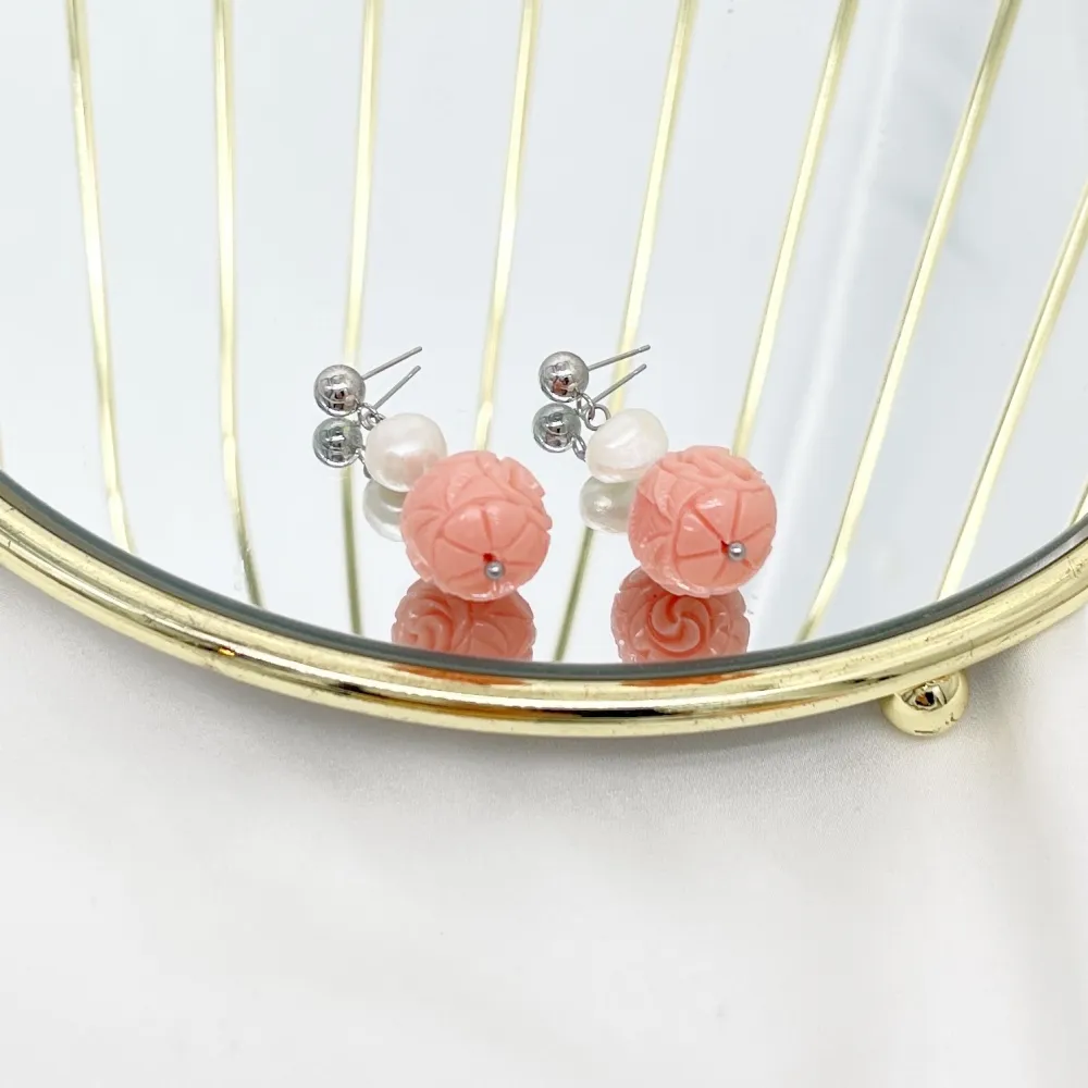 Pallina Fiore Rosa-Orecchini in Acciaio - OAP-765-22