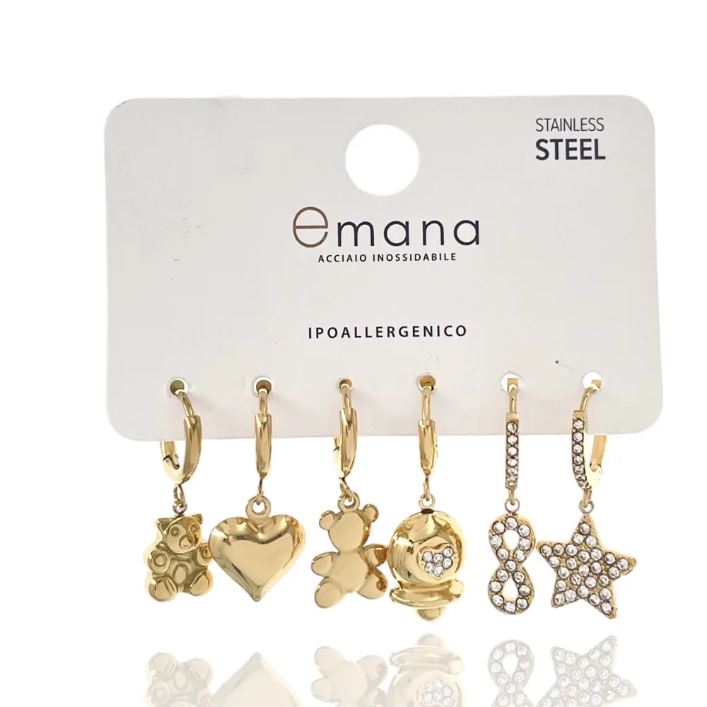 Orsetto Cuore Stella - Set 6pz Orecchini in Acciaio - OPA-103-AA3330E