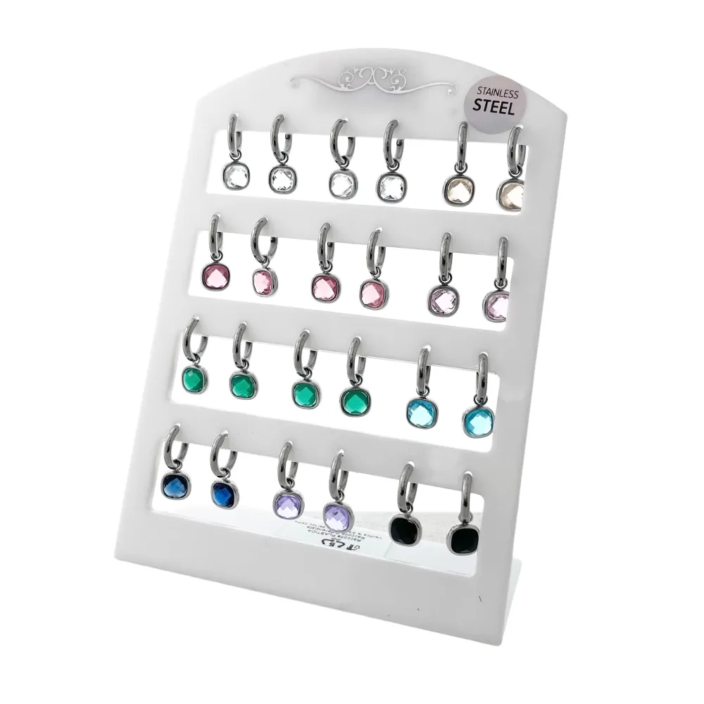 Cerchio con Piedtra Quadrata-12Paia Orecchini in Acciaio - OPA103-AA70E