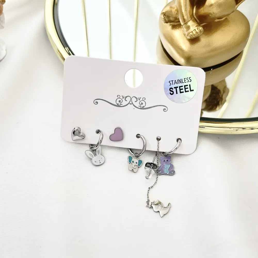 Orsetto Elefantino Coniglio Smaltato-Set 6pz Orecchini in Acciaio - OPA-736-12