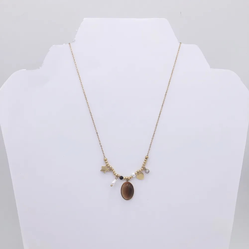 Collana acciaio - Pendente pietra occhi di tigre e perla di fiume 4168  - Collana