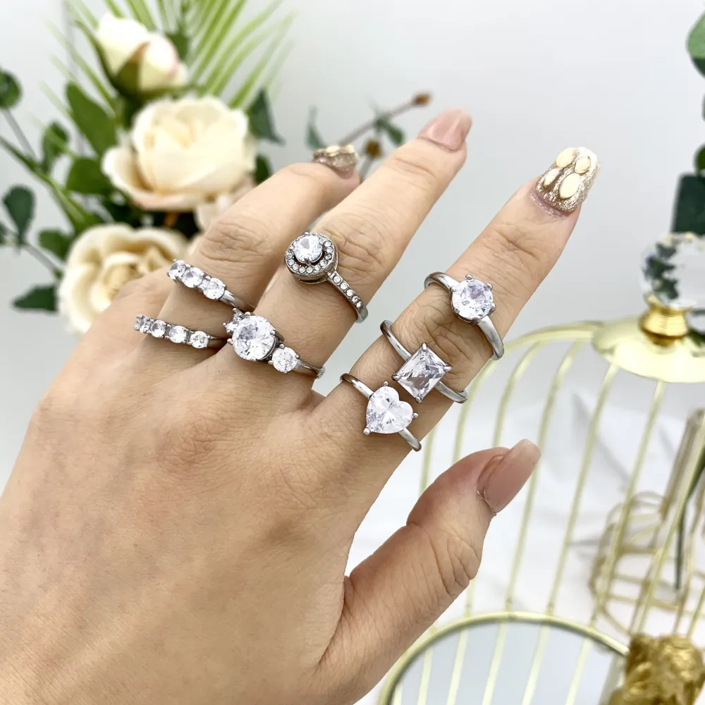 Mix Anelli Basici con Zirconia-36pz Anelli Regolabili in Acciaio - AAR-103-AA01R