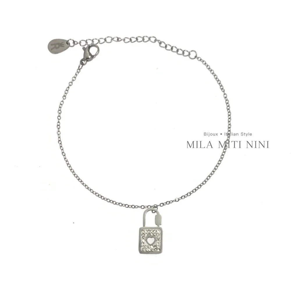Lucchetto con Strass-Bracciale in Acciaio con Chiusura - BAC-413-1192