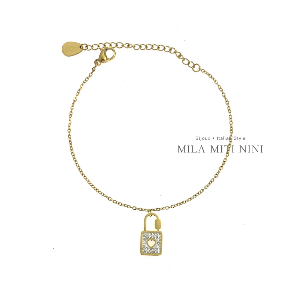 Lucchetto con Strass-Bracciale in Acciaio con Chiusura - BAC-413-1192