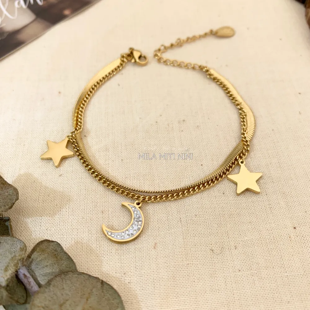 BAC413-1356-Doppio Serpente stella Luna-Bracciale in Acciaio - BAC413-1252