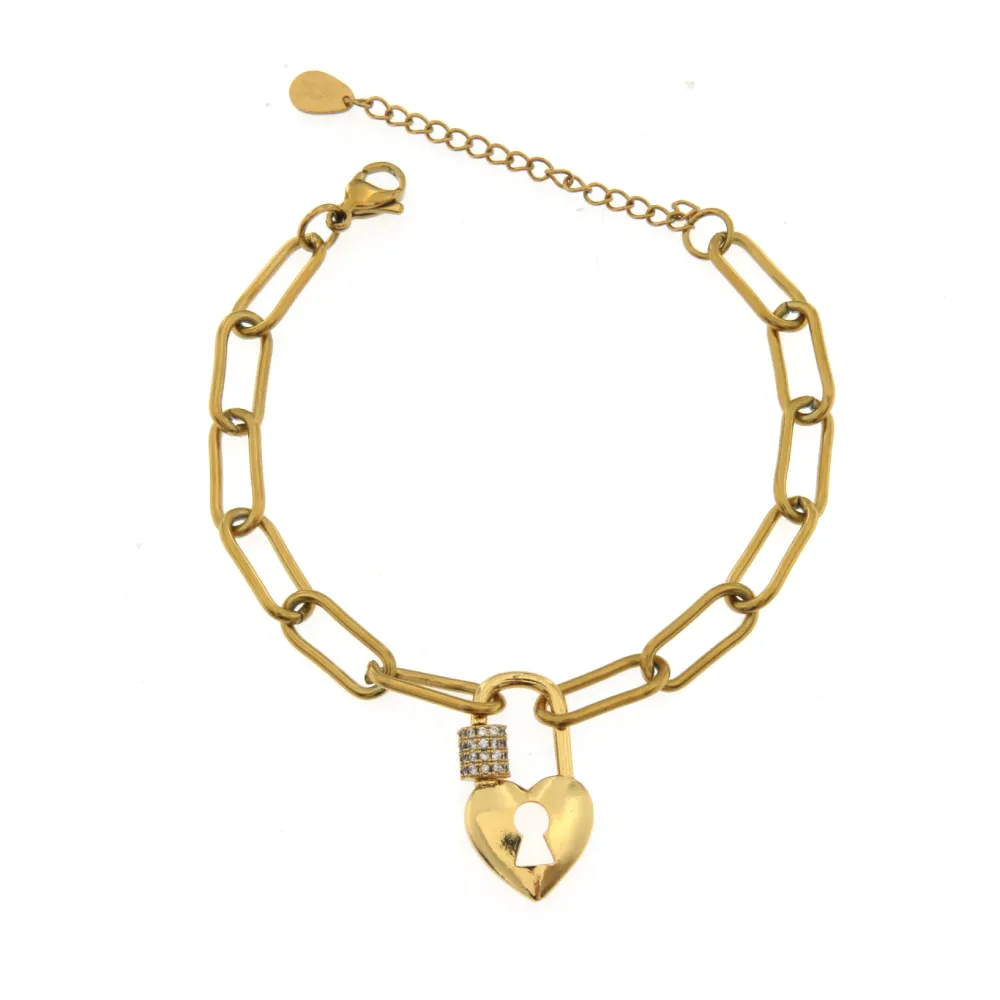 BAC7068-Cuore Lucchetto Zirconia-Bracciale in Acciaio - BAC7068-Cuore Lucchetto Zirconia-Bracciale in Acciaio