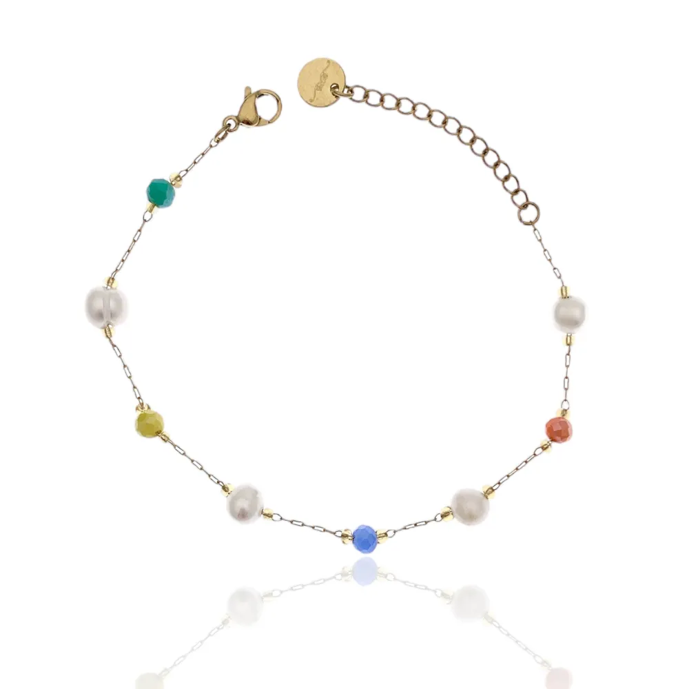 Semplice Perla di Fiume e Cristalli-Bracciale in Acciaio - BAC-732-37