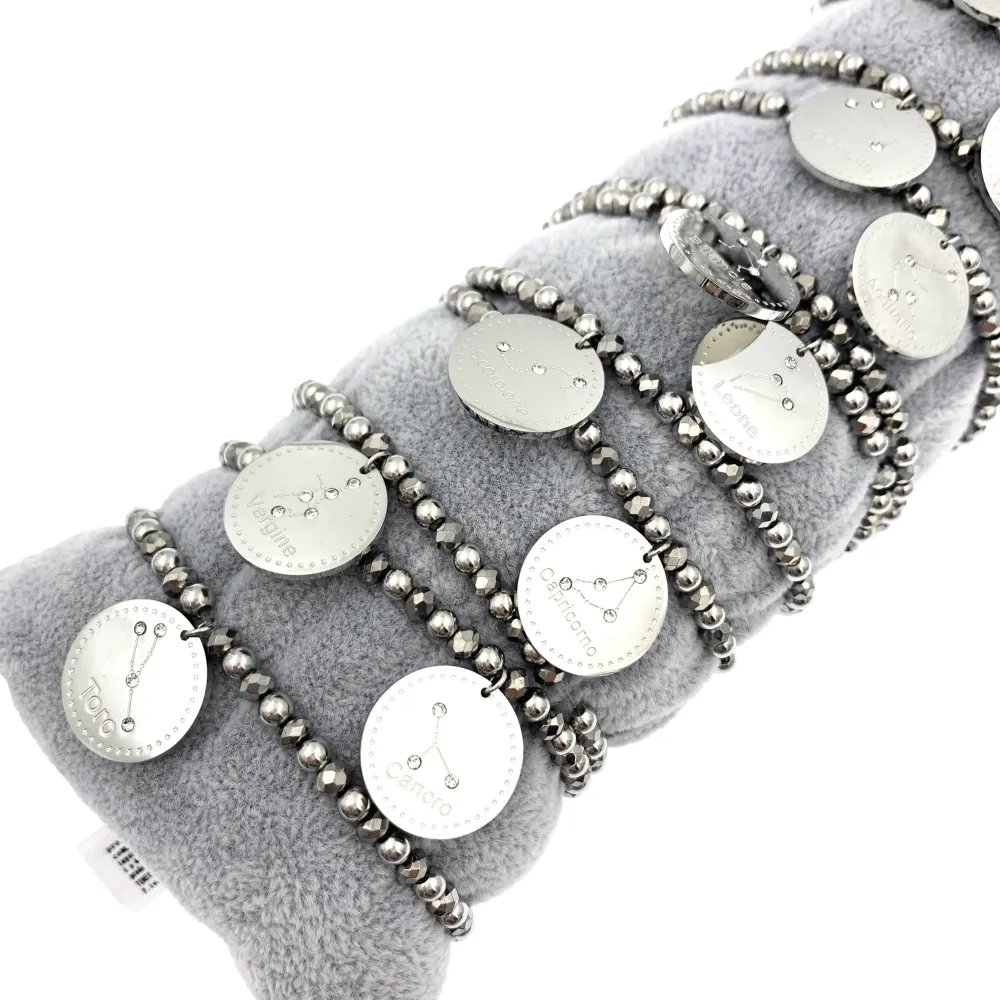 12Pz Bracciali Elastici in Acciaio+Cuscino in Omaggio - BPA413-2259-Segno Zodiacale-12 Pz Bracciali in Acciaio