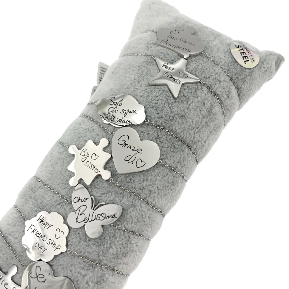 12Pz Bracciali in Acciaio con Chiusura a Moschettone + Cuscino - BPA7651-Scritte-12 Pz Bracciali in Acciaio