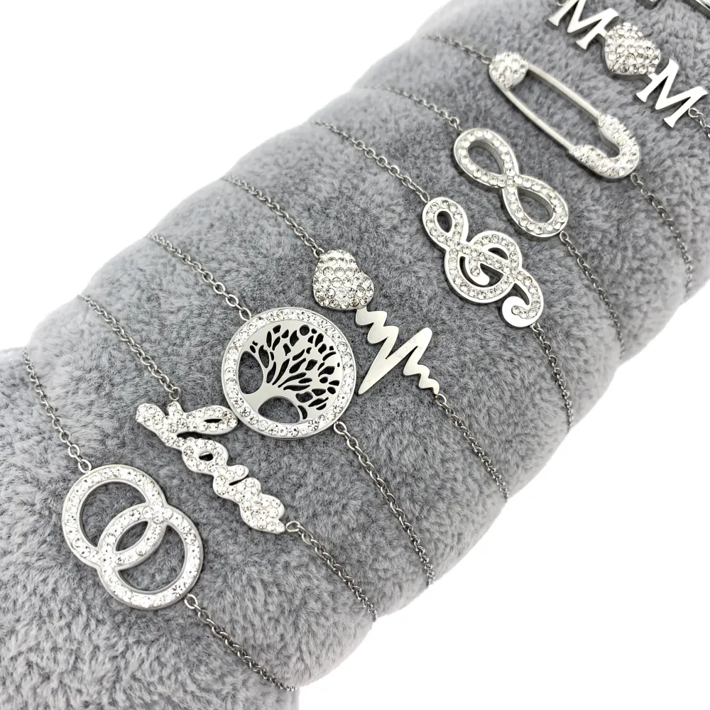 12Pz Bracciali in Acciaio con Chiusura a Moschettone + Cuscino - BPA7653-Soggetti Mix con Strass-12 Pz Bracciali in Acciaio