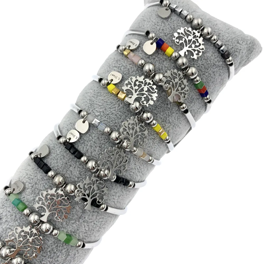 12Pz Bracciali Elastici in Acciaio+Cuscino in Omaggio - BPA7673-Albero della Vita-12 Pz Bracciali in Acciaio