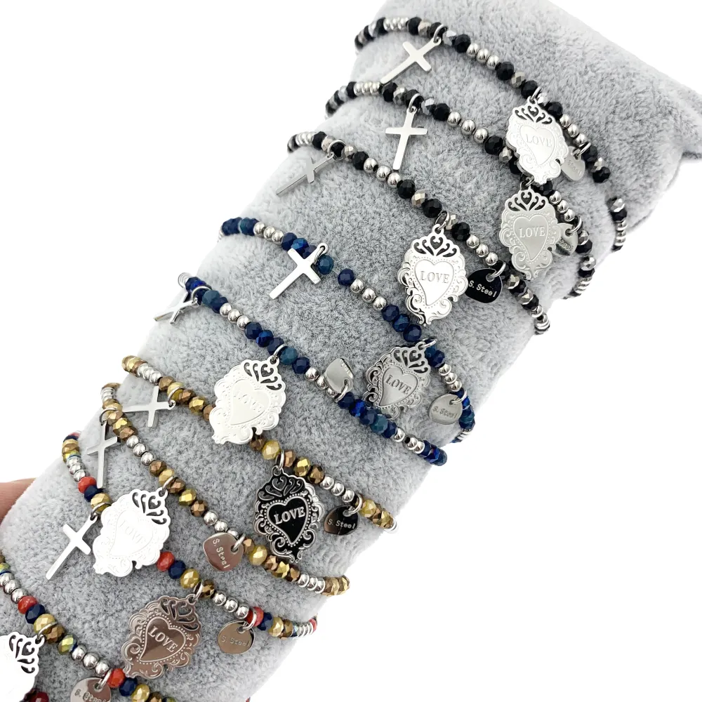 12Pz Bracciali Elastici in Acciaio+Cuscino in Omaggio - BPA7674-Croce Sacro Cuore-12 Pz Bracciali in Acciaio