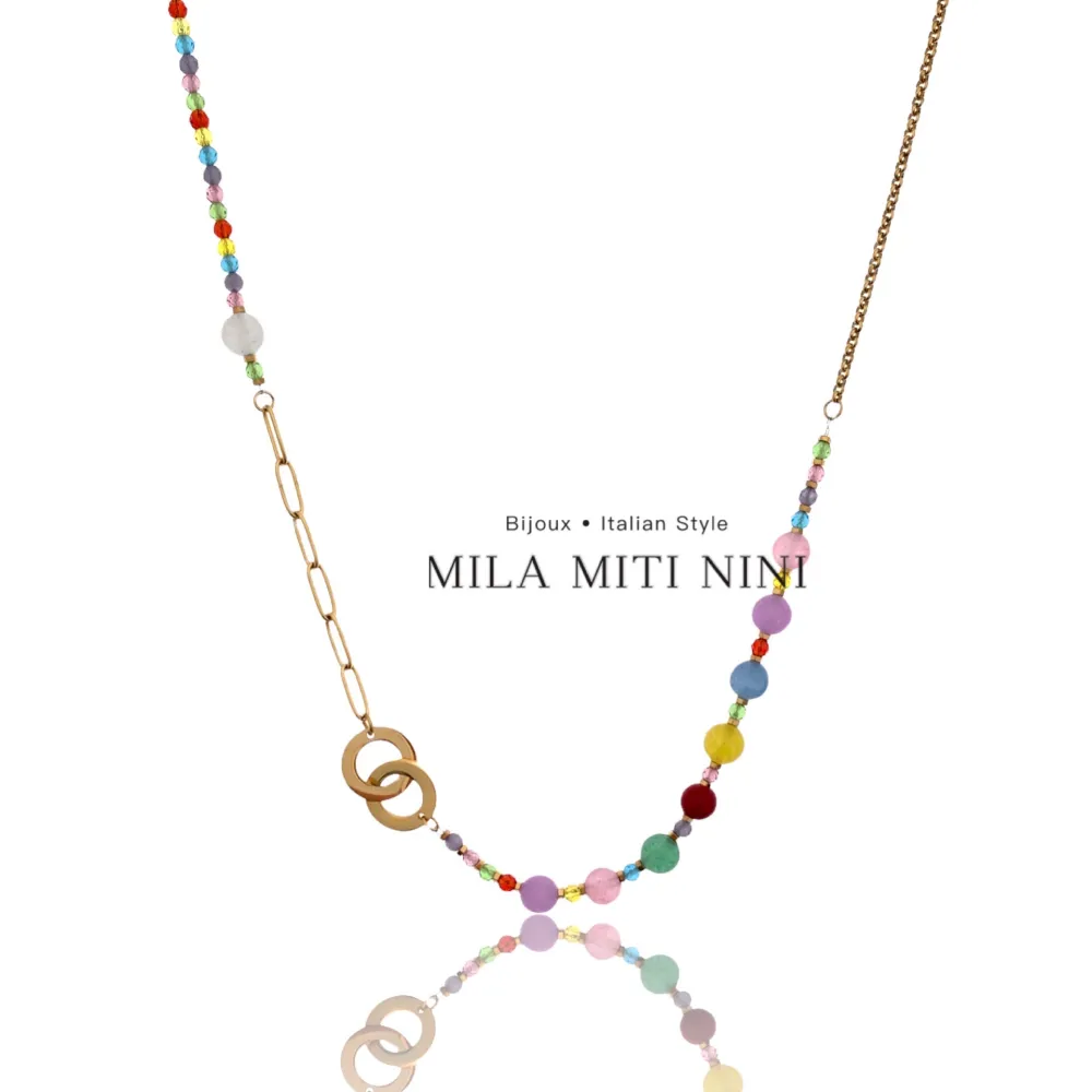 Pietre Colorate Doppio Cerchio-Collana Corta in Acciaio - CAC-103-AA149N