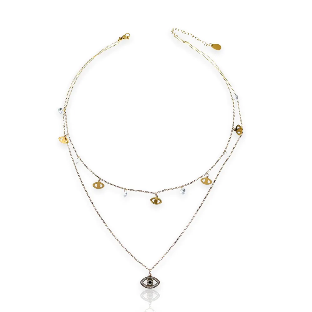 Doppio Zirconia occhio -Collana Corta in Acciaio - CAC-413-1712