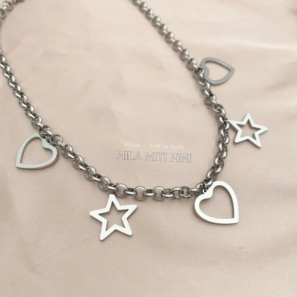 CAC413-2399-Catena Cuore Stella -Collana Corta in Acciaio - CAC413-2399-Catena Cuore Stella -Collana Corta in Acciaio