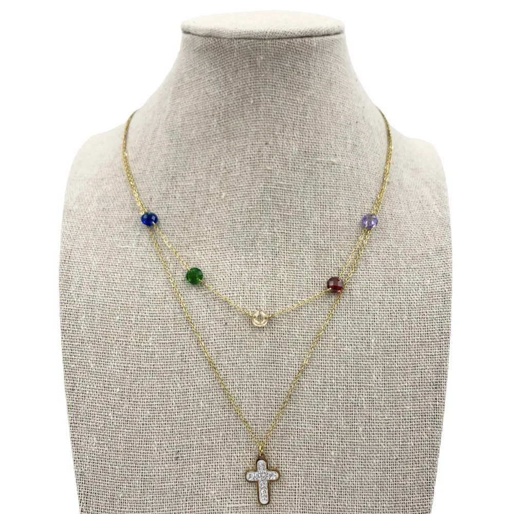 Collana moda multifilo  acciaio e cristallo - CAC5038-Croce e zirconia- Collana Corta Multifilo in Acciaio