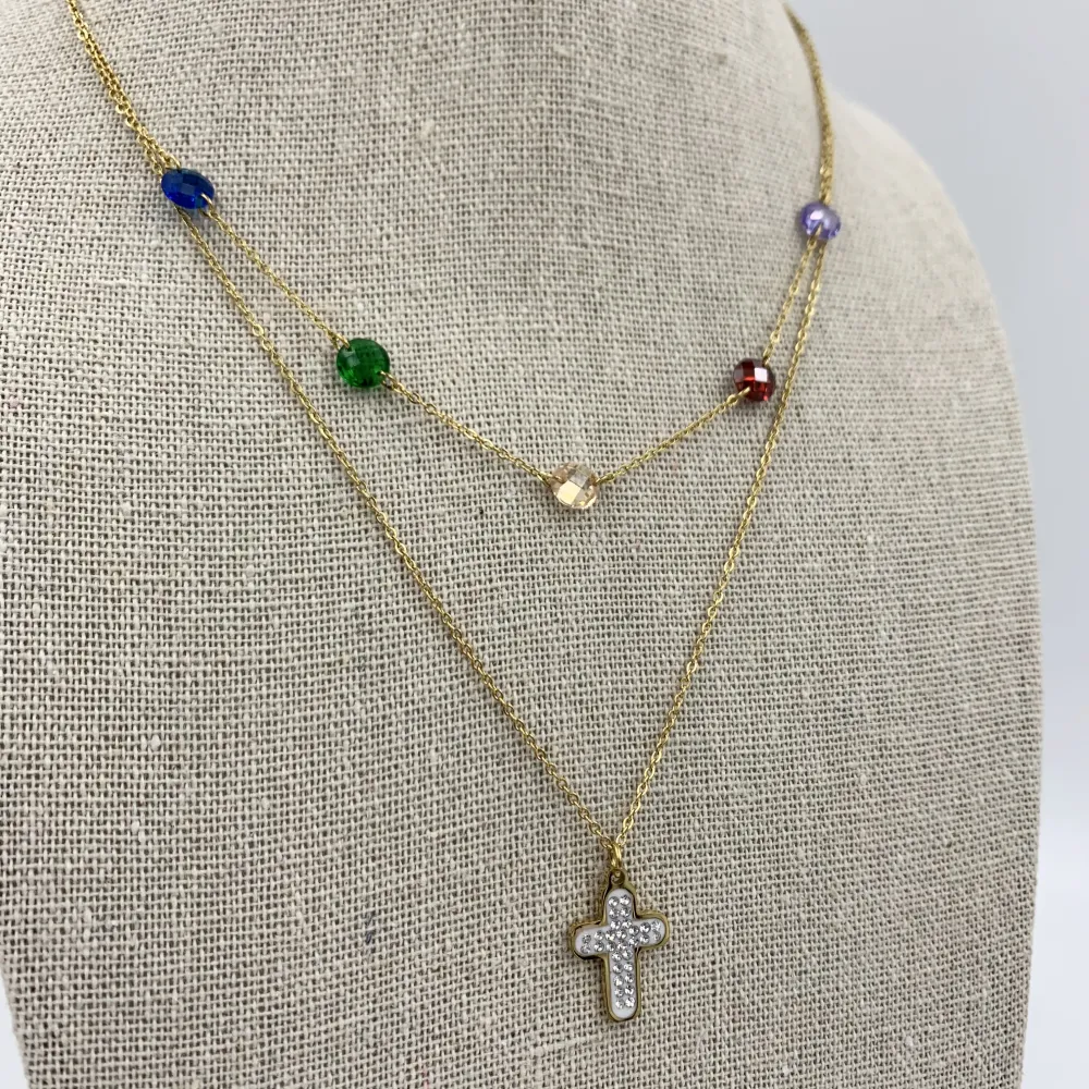 Collana moda multifilo  acciaio e cristallo - CAC5038-Croce e zirconia- Collana Corta Multifilo in Acciaio
